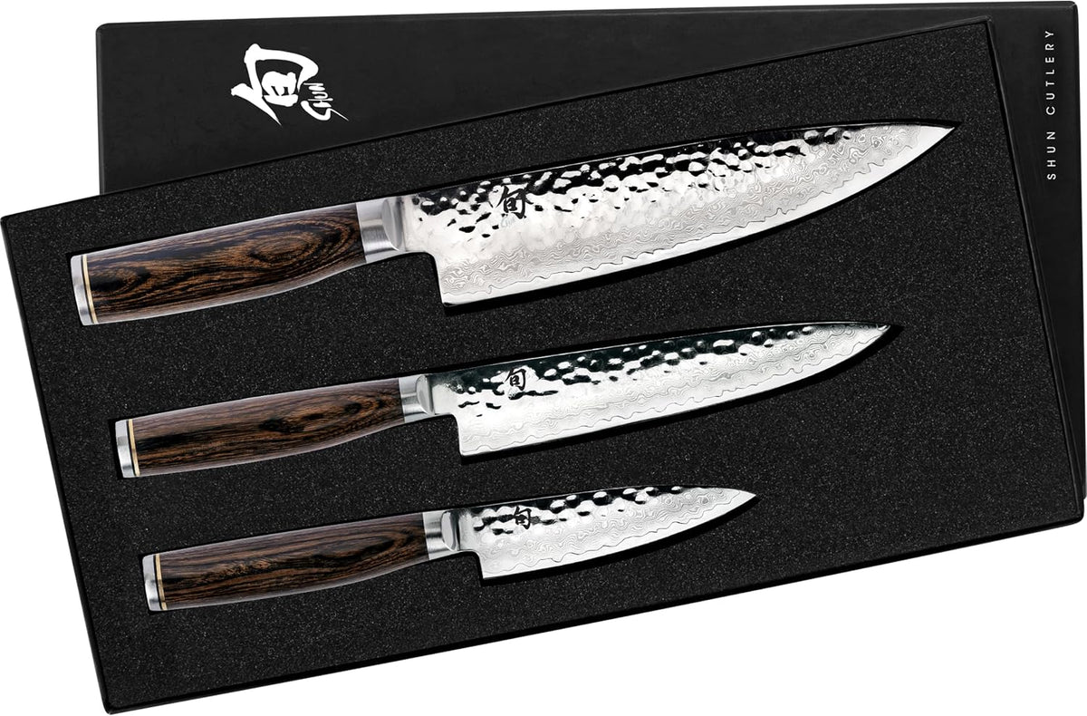 Premier 3 Piece Starter Set | Includes 8" Chef, 4" Paring & 6.5" Utility Knives, VG-MAX Core, Damascus Stainless Steel Cladding, Pakkawood Handle
