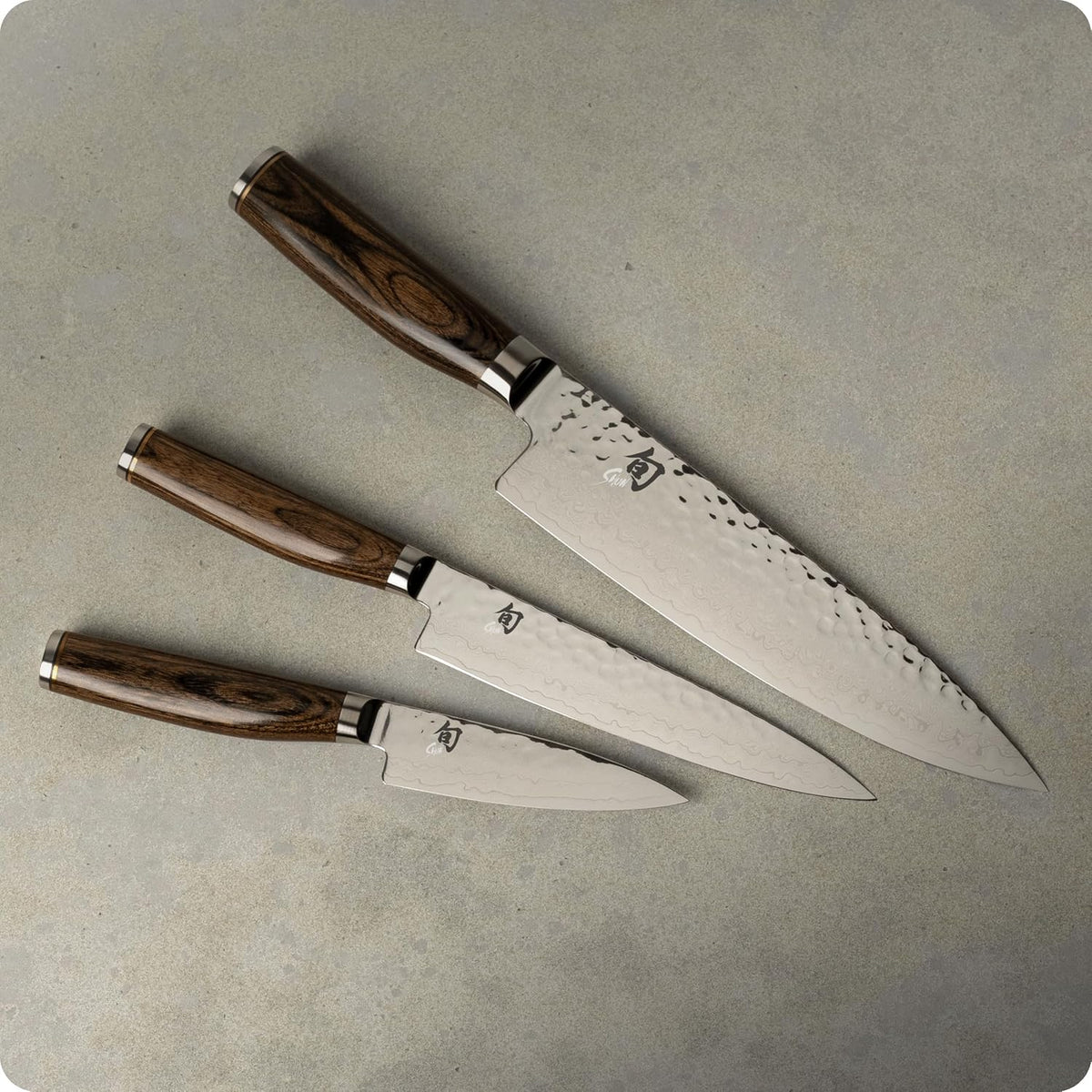 Premier 3 Piece Starter Set | Includes 8" Chef, 4" Paring & 6.5" Utility Knives, VG-MAX Core, Damascus Stainless Steel Cladding, Pakkawood Handle