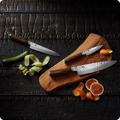 Premier 3 Piece Starter Set | Includes 8" Chef, 4" Paring & 6.5" Utility Knives, VG-MAX Core, Damascus Stainless Steel Cladding, Pakkawood Handle