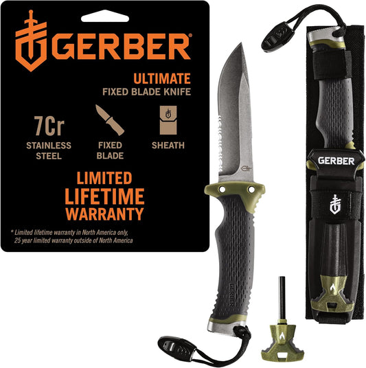 Gear Ultimate Survival Knife, Fixed Blade Knife with Combo Edge, includes Fire Starter Edge and Ferro Rod, Whistle, Sheath with Integrated Sharpener - Bushcraft, Hunting and Camping Tool