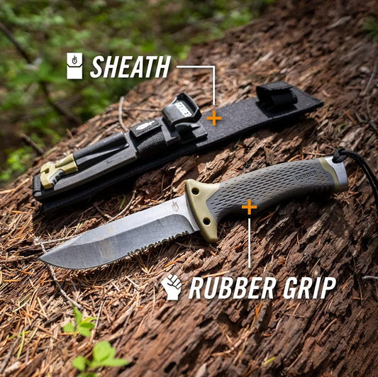 Gear Ultimate Survival Knife, Fixed Blade Knife with Combo Edge, includes Fire Starter Edge and Ferro Rod, Whistle, Sheath with Integrated Sharpener - Bushcraft, Hunting and Camping Tool