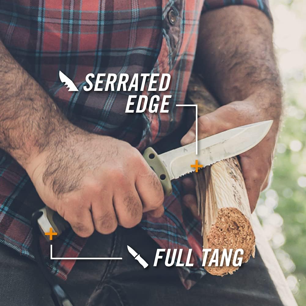 Gear Ultimate Survival Knife, Fixed Blade Knife with Combo Edge, includes Fire Starter Edge and Ferro Rod, Whistle, Sheath with Integrated Sharpener - Bushcraft, Hunting and Camping Tool