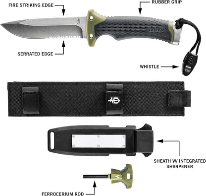 Gear Ultimate Survival Knife, Fixed Blade Knife with Combo Edge, includes Fire Starter Edge and Ferro Rod, Whistle, Sheath with Integrated Sharpener - Bushcraft, Hunting and Camping Tool