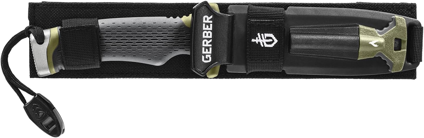 Gear Ultimate Survival Knife, Fixed Blade Knife with Combo Edge, includes Fire Starter Edge and Ferro Rod, Whistle, Sheath with Integrated Sharpener - Bushcraft, Hunting and Camping Tool