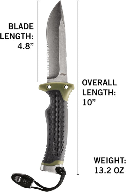 Gear Ultimate Survival Knife, Fixed Blade Knife with Combo Edge, includes Fire Starter Edge and Ferro Rod, Whistle, Sheath with Integrated Sharpener - Bushcraft, Hunting and Camping Tool