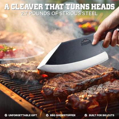 Dynamite Cleaver Meat Cleaver Knife Heavy Duty High Carbon Steel Butcher Knife Desert Hardwood Handle Full Tang BBQ Meat Cutting Butchering Kitchen Cooking Outdoor Camp Bone Chopping Prep