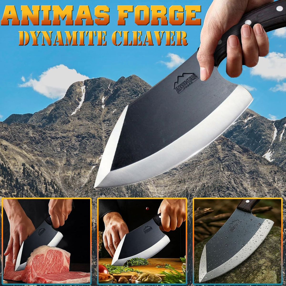 Dynamite Cleaver Meat Cleaver Knife Heavy Duty High Carbon Steel Butcher Knife Desert Hardwood Handle Full Tang BBQ Meat Cutting Butchering Kitchen Cooking Outdoor Camp Bone Chopping Prep