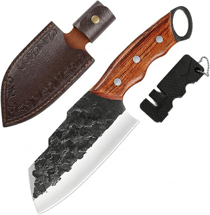 Serbian Meat Cleaver, Hand Forged Knife for Outdoor Camp & BBQ | Viking Style Butcher Tool, Full Tang Construction, High-Carbon Steel, with Leather Sheath & Pocket Sharpener, Wood Handle