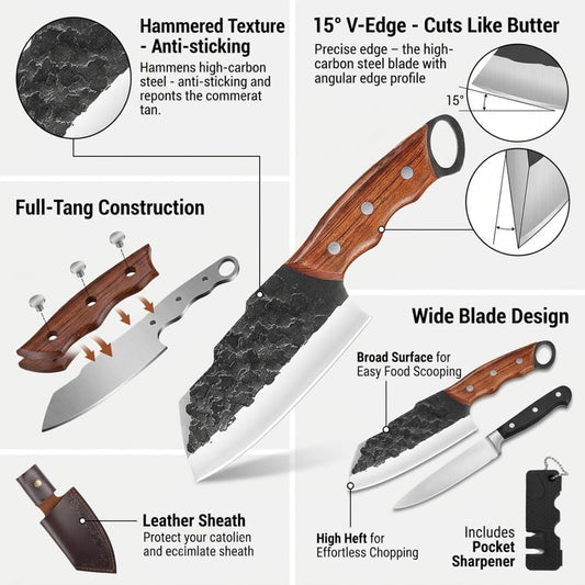 Serbian Meat Cleaver, Hand Forged Knife for Outdoor Camp & BBQ | Viking Style Butcher Tool, Full Tang Construction, High-Carbon Steel, with Leather Sheath & Pocket Sharpener, Wood Handle