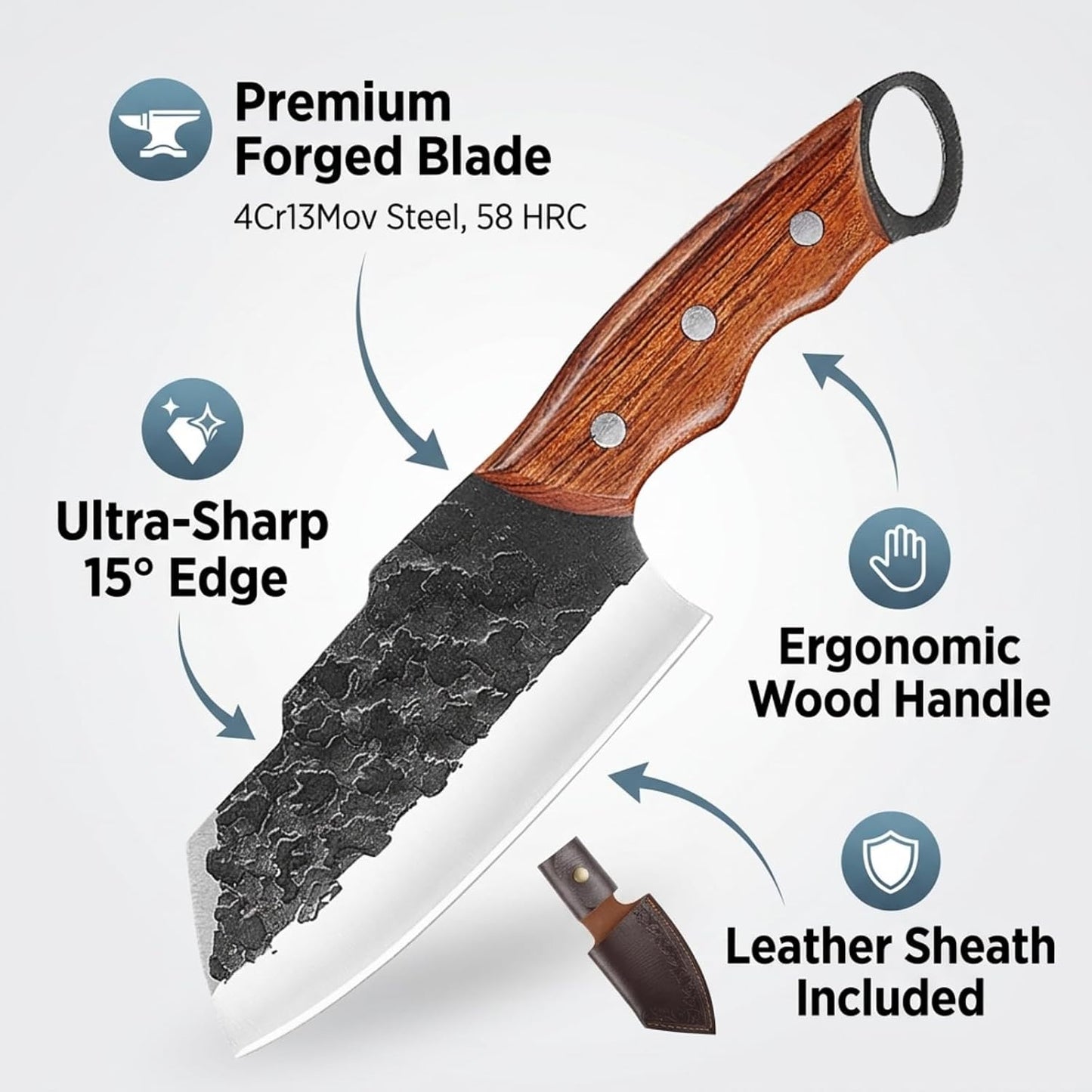 Serbian Meat Cleaver, Hand Forged Knife for Outdoor Camp & BBQ | Viking Style Butcher Tool, Full Tang Construction, High-Carbon Steel, with Leather Sheath & Pocket Sharpener, Wood Handle
