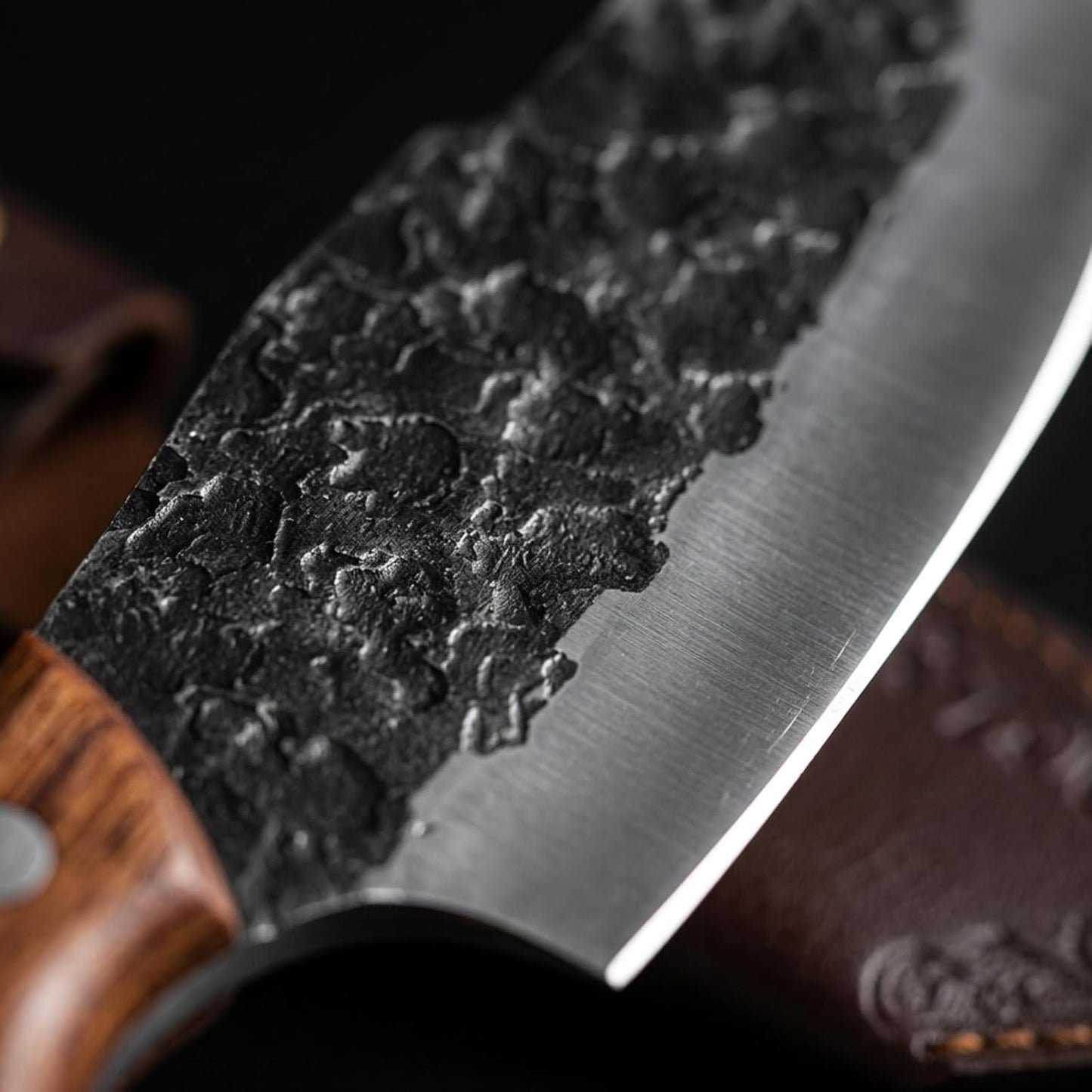 Serbian Meat Cleaver, Hand Forged Knife for Outdoor Camp & BBQ | Viking Style Butcher Tool, Full Tang Construction, High-Carbon Steel, with Leather Sheath & Pocket Sharpener, Wood Handle