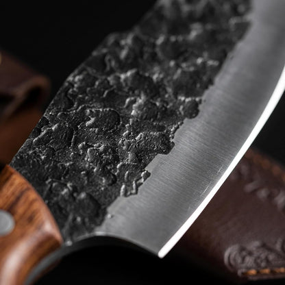 Serbian Meat Cleaver, Hand Forged Knife for Outdoor Camp & BBQ | Viking Style Butcher Tool, Full Tang Construction, High-Carbon Steel, with Leather Sheath & Pocket Sharpener, Wood Handle