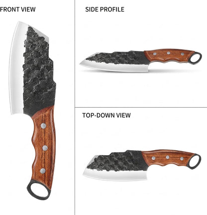 Serbian Meat Cleaver, Hand Forged Knife for Outdoor Camp & BBQ | Viking Style Butcher Tool, Full Tang Construction, High-Carbon Steel, with Leather Sheath & Pocket Sharpener, Wood Handle