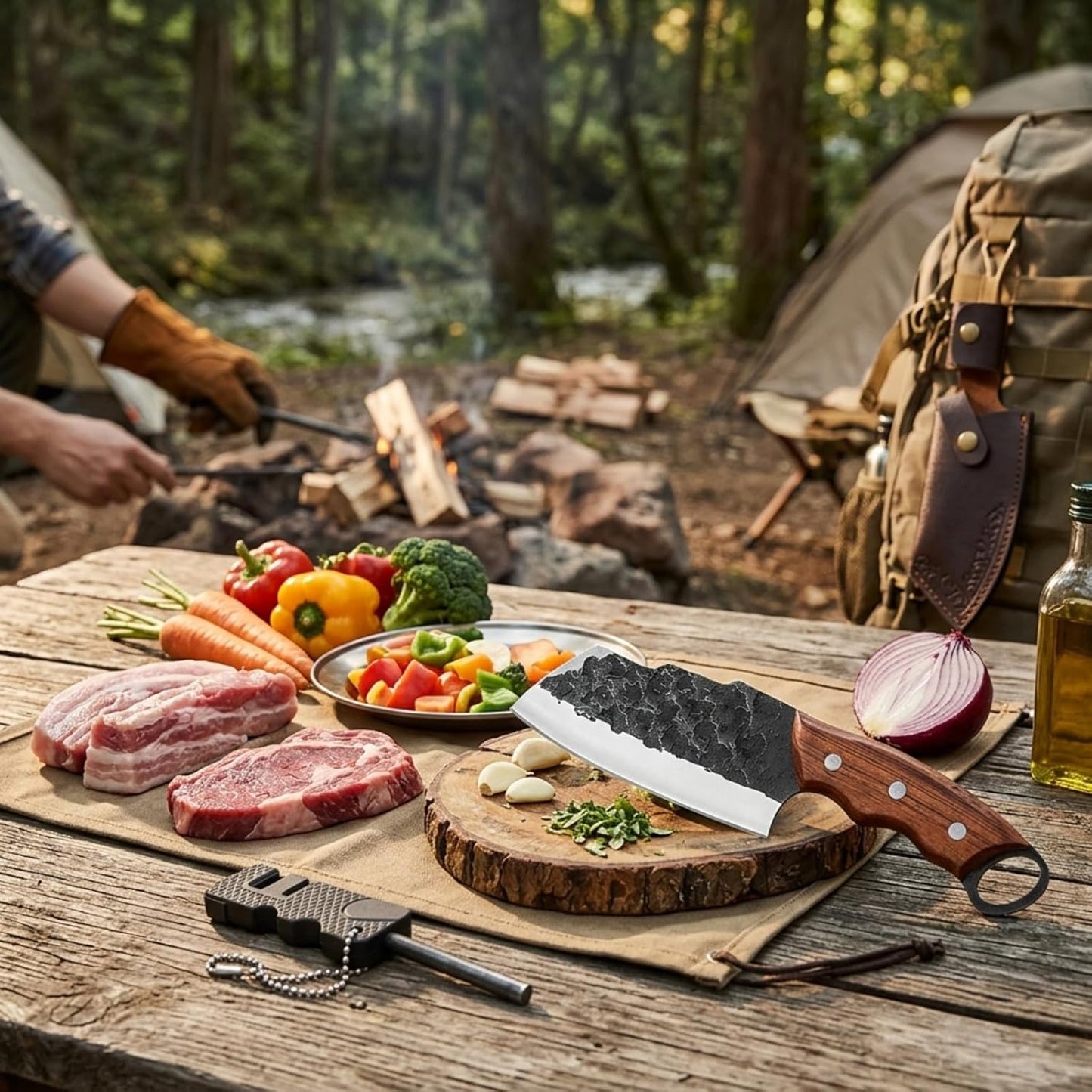 Serbian Meat Cleaver, Hand Forged Knife for Outdoor Camp & BBQ | Viking Style Butcher Tool, Full Tang Construction, High-Carbon Steel, with Leather Sheath & Pocket Sharpener, Wood Handle