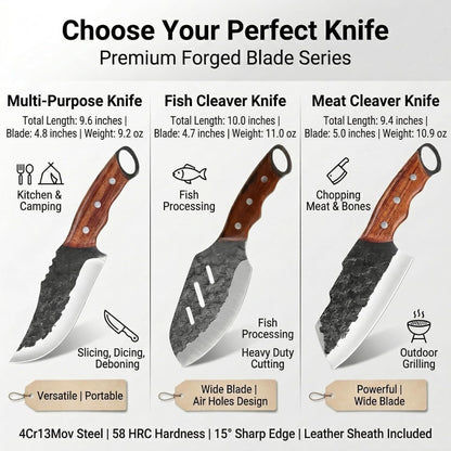 Serbian Meat Cleaver, Hand Forged Knife for Outdoor Camp & BBQ | Viking Style Butcher Tool, Full Tang Construction, High-Carbon Steel, with Leather Sheath & Pocket Sharpener, Wood Handle
