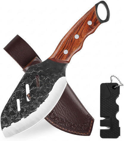 Serbian Meat Cleaver, Hand Forged Knife for Outdoor Camp & BBQ | Viking Style Butcher Tool, Full Tang Construction, High-Carbon Steel, with Leather Sheath & Pocket Sharpener, Wood Handle