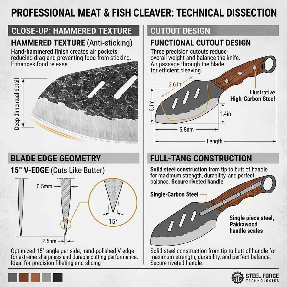 Serbian Meat Cleaver, Hand Forged Knife for Outdoor Camp & BBQ | Viking Style Butcher Tool, Full Tang Construction, High-Carbon Steel, with Leather Sheath & Pocket Sharpener, Wood Handle