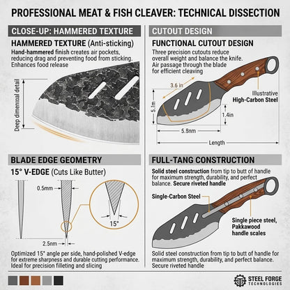 Serbian Meat Cleaver, Hand Forged Knife for Outdoor Camp & BBQ | Viking Style Butcher Tool, Full Tang Construction, High-Carbon Steel, with Leather Sheath & Pocket Sharpener, Wood Handle