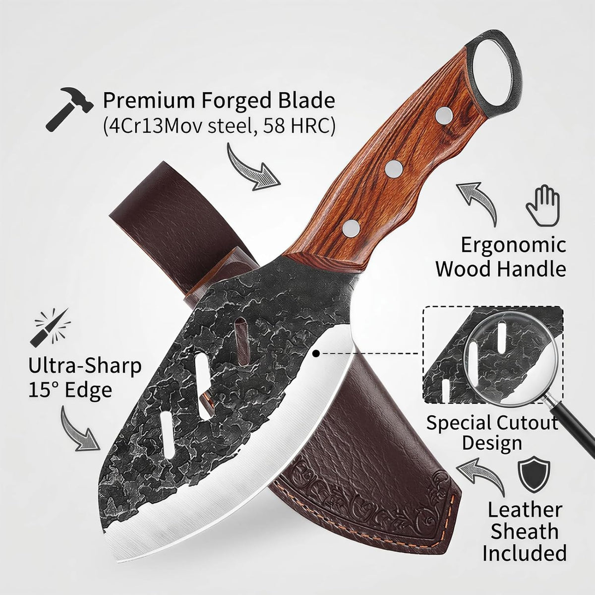 Serbian Meat Cleaver, Hand Forged Knife for Outdoor Camp & BBQ | Viking Style Butcher Tool, Full Tang Construction, High-Carbon Steel, with Leather Sheath & Pocket Sharpener, Wood Handle