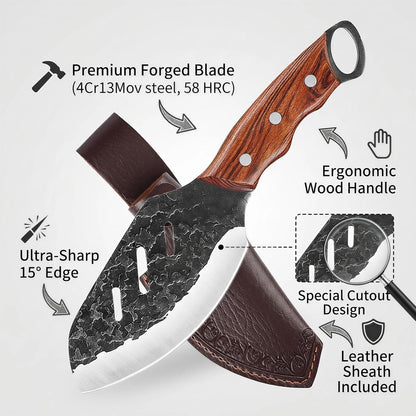 Serbian Meat Cleaver, Hand Forged Knife for Outdoor Camp & BBQ | Viking Style Butcher Tool, Full Tang Construction, High-Carbon Steel, with Leather Sheath & Pocket Sharpener, Wood Handle