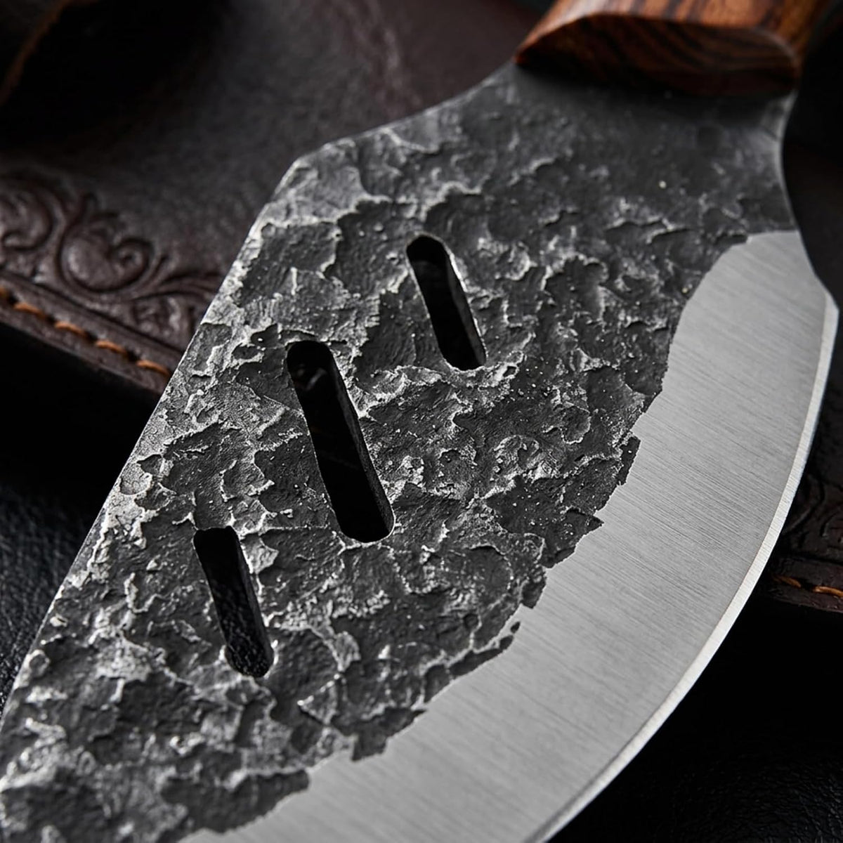 Serbian Meat Cleaver, Hand Forged Knife for Outdoor Camp & BBQ | Viking Style Butcher Tool, Full Tang Construction, High-Carbon Steel, with Leather Sheath & Pocket Sharpener, Wood Handle