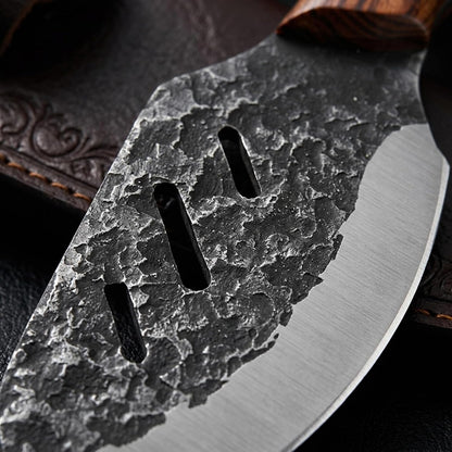 Serbian Meat Cleaver, Hand Forged Knife for Outdoor Camp & BBQ | Viking Style Butcher Tool, Full Tang Construction, High-Carbon Steel, with Leather Sheath & Pocket Sharpener, Wood Handle