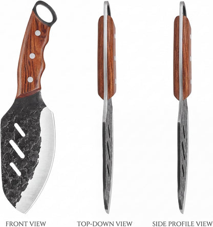 Serbian Meat Cleaver, Hand Forged Knife for Outdoor Camp & BBQ | Viking Style Butcher Tool, Full Tang Construction, High-Carbon Steel, with Leather Sheath & Pocket Sharpener, Wood Handle