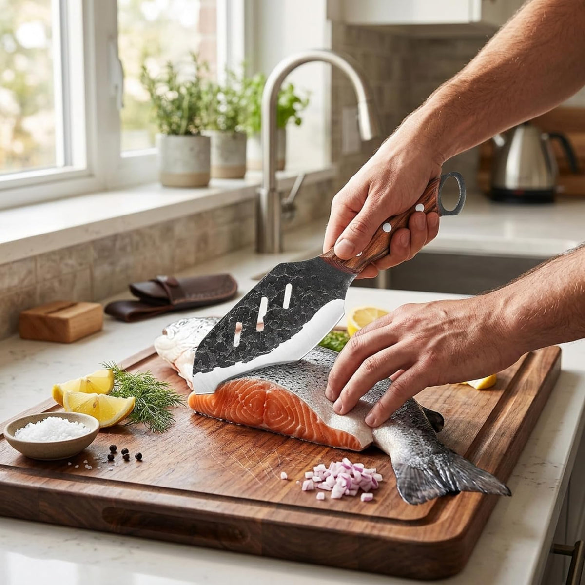 Serbian Meat Cleaver, Hand Forged Knife for Outdoor Camp & BBQ | Viking Style Butcher Tool, Full Tang Construction, High-Carbon Steel, with Leather Sheath & Pocket Sharpener, Wood Handle
