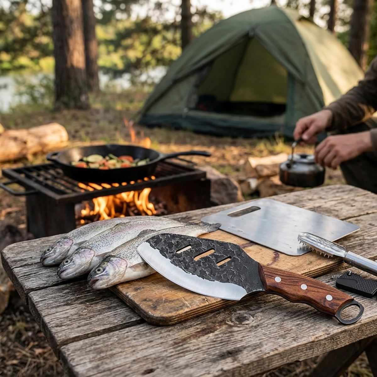 Serbian Meat Cleaver, Hand Forged Knife for Outdoor Camp & BBQ | Viking Style Butcher Tool, Full Tang Construction, High-Carbon Steel, with Leather Sheath & Pocket Sharpener, Wood Handle