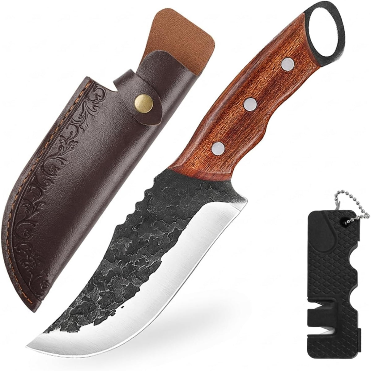 Serbian Meat Cleaver, Hand Forged Knife for Outdoor Camp & BBQ | Viking Style Butcher Tool, Full Tang Construction, High-Carbon Steel, with Leather Sheath & Pocket Sharpener, Wood Handle