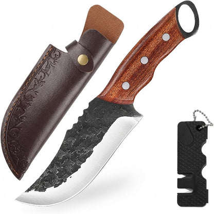 Serbian Meat Cleaver, Hand Forged Knife for Outdoor Camp & BBQ | Viking Style Butcher Tool, Full Tang Construction, High-Carbon Steel, with Leather Sheath & Pocket Sharpener, Wood Handle