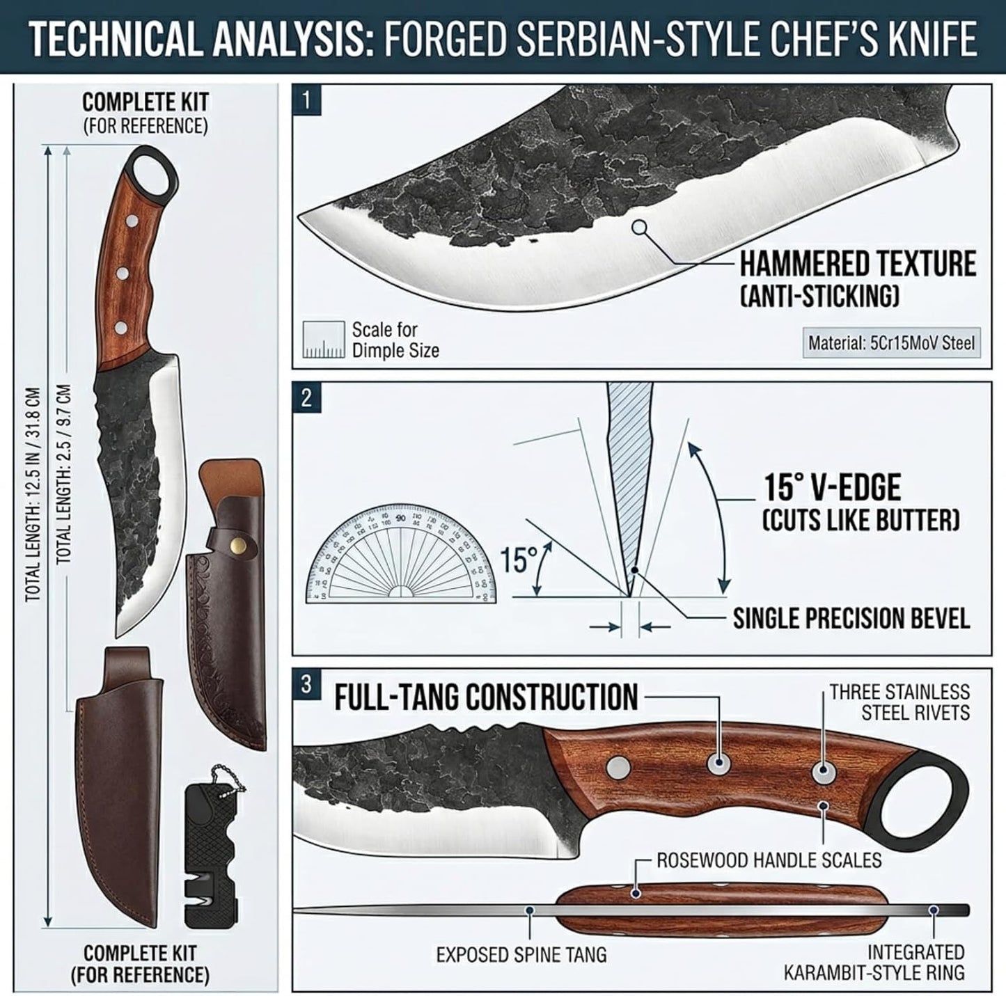 Serbian Meat Cleaver, Hand Forged Knife for Outdoor Camp & BBQ | Viking Style Butcher Tool, Full Tang Construction, High-Carbon Steel, with Leather Sheath & Pocket Sharpener, Wood Handle