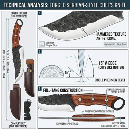 Serbian Meat Cleaver, Hand Forged Knife for Outdoor Camp & BBQ | Viking Style Butcher Tool, Full Tang Construction, High-Carbon Steel, with Leather Sheath & Pocket Sharpener, Wood Handle