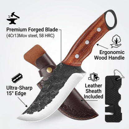 Serbian Meat Cleaver, Hand Forged Knife for Outdoor Camp & BBQ | Viking Style Butcher Tool, Full Tang Construction, High-Carbon Steel, with Leather Sheath & Pocket Sharpener, Wood Handle