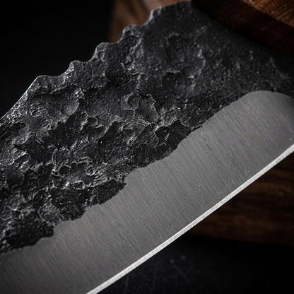 Serbian Meat Cleaver, Hand Forged Knife for Outdoor Camp & BBQ | Viking Style Butcher Tool, Full Tang Construction, High-Carbon Steel, with Leather Sheath & Pocket Sharpener, Wood Handle