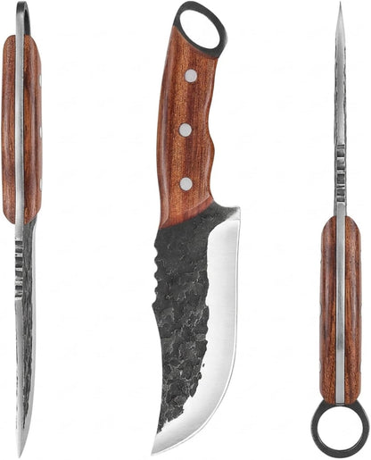 Serbian Meat Cleaver, Hand Forged Knife for Outdoor Camp & BBQ | Viking Style Butcher Tool, Full Tang Construction, High-Carbon Steel, with Leather Sheath & Pocket Sharpener, Wood Handle