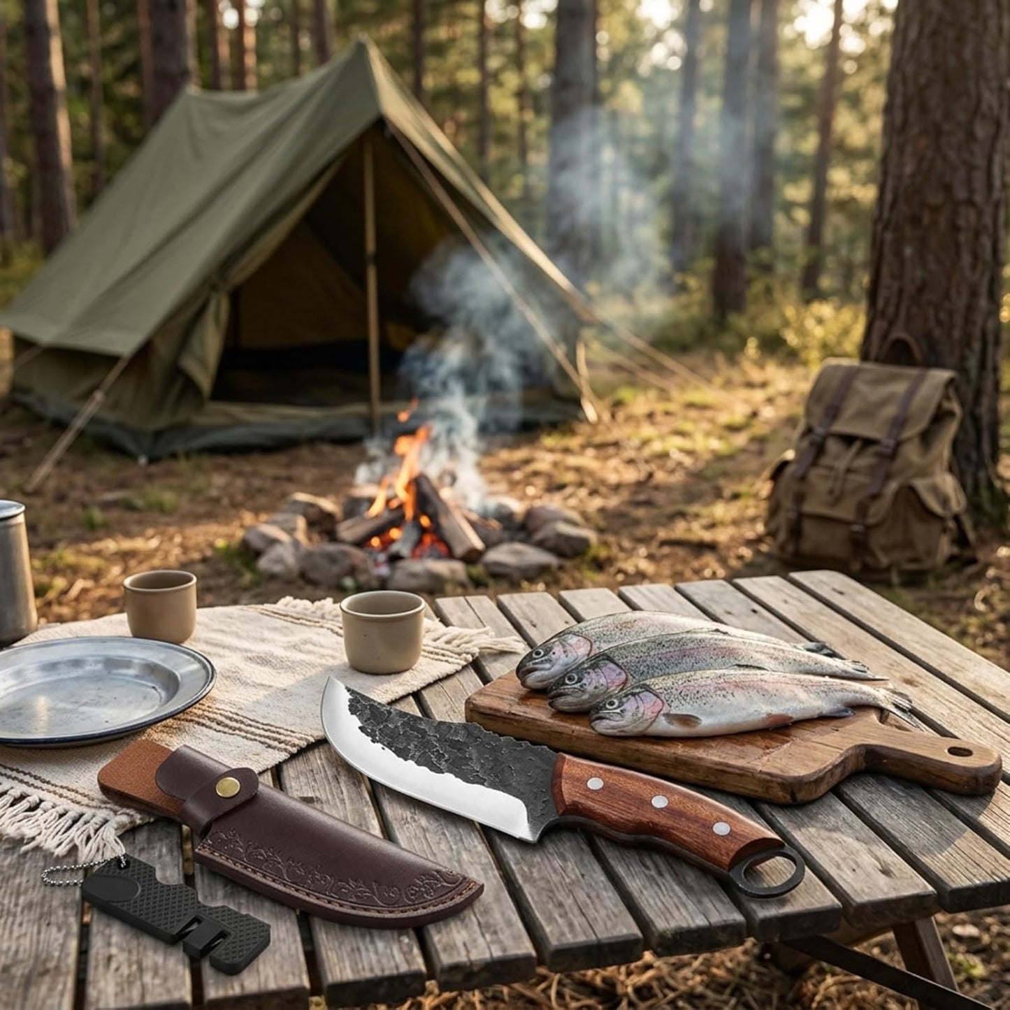 Serbian Meat Cleaver, Hand Forged Knife for Outdoor Camp & BBQ | Viking Style Butcher Tool, Full Tang Construction, High-Carbon Steel, with Leather Sheath & Pocket Sharpener, Wood Handle