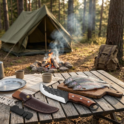 Serbian Meat Cleaver, Hand Forged Knife for Outdoor Camp & BBQ | Viking Style Butcher Tool, Full Tang Construction, High-Carbon Steel, with Leather Sheath & Pocket Sharpener, Wood Handle