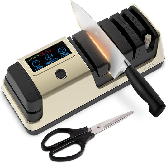 Electric Knife Sharpener for Kitchen Knives & Scissors, 5-in-1 Sharpening System with Diamond Wheel, Ceramic Polishing Rod, Adjustable Speed, LCD Display, Serrated & Japanese Blade Support