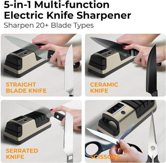 Electric Knife Sharpener for Kitchen Knives & Scissors, 5-in-1 Sharpening System with Diamond Wheel, Ceramic Polishing Rod, Adjustable Speed, LCD Display, Serrated & Japanese Blade Support