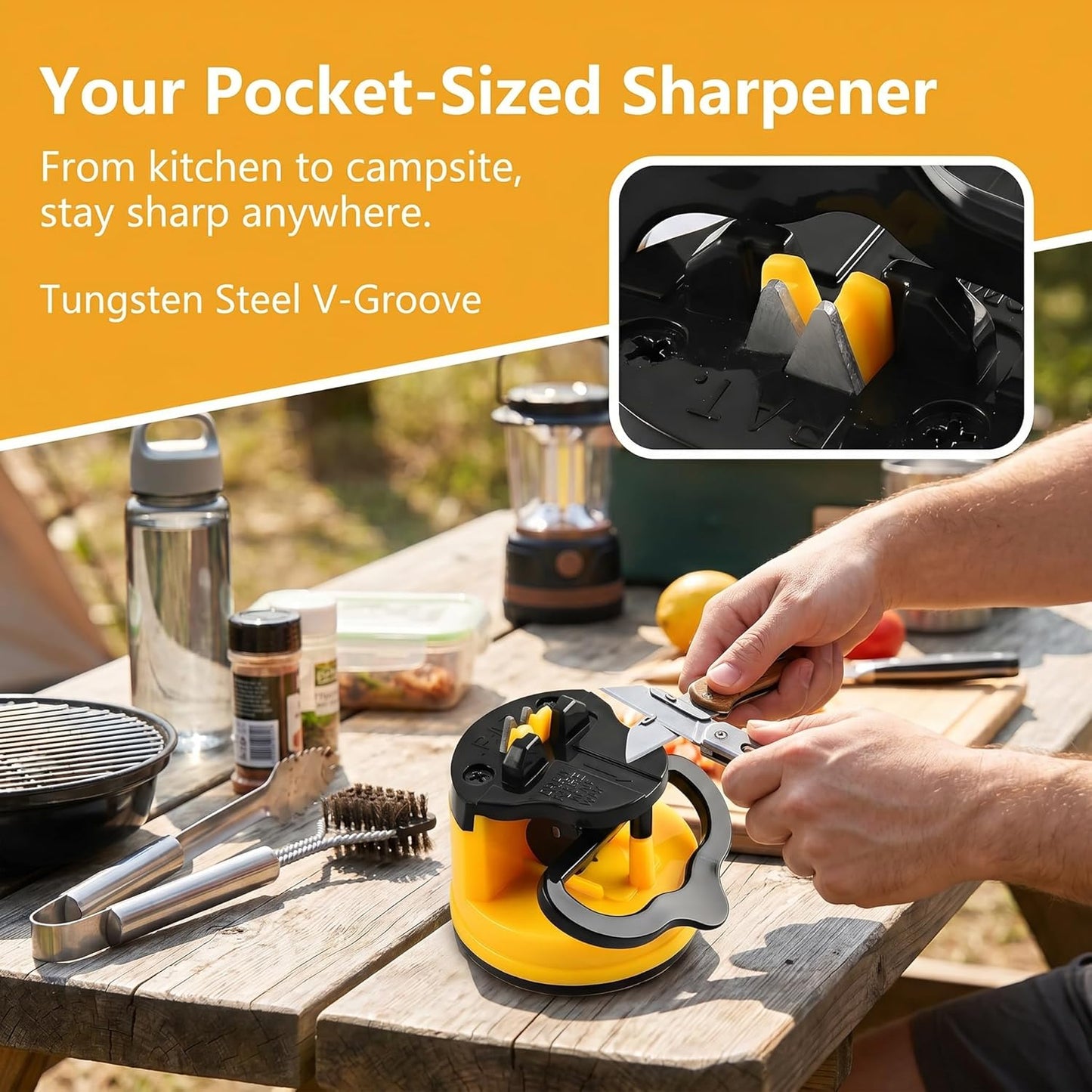 Hands Free Knife Sharpener with Suction Cup | Portable, Tungsten Carbide, Quick Sharpening, Suitable for Home Use, Camping, Hiking