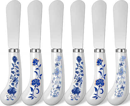 Floral Cheese Spreaders 4.95" Stainless Steel Butter Knife with Ceramic Handle for Jam, Pastry, Butter Knife - Holiday Silverware & Festive Kitchen Cutlery (Flowers)
