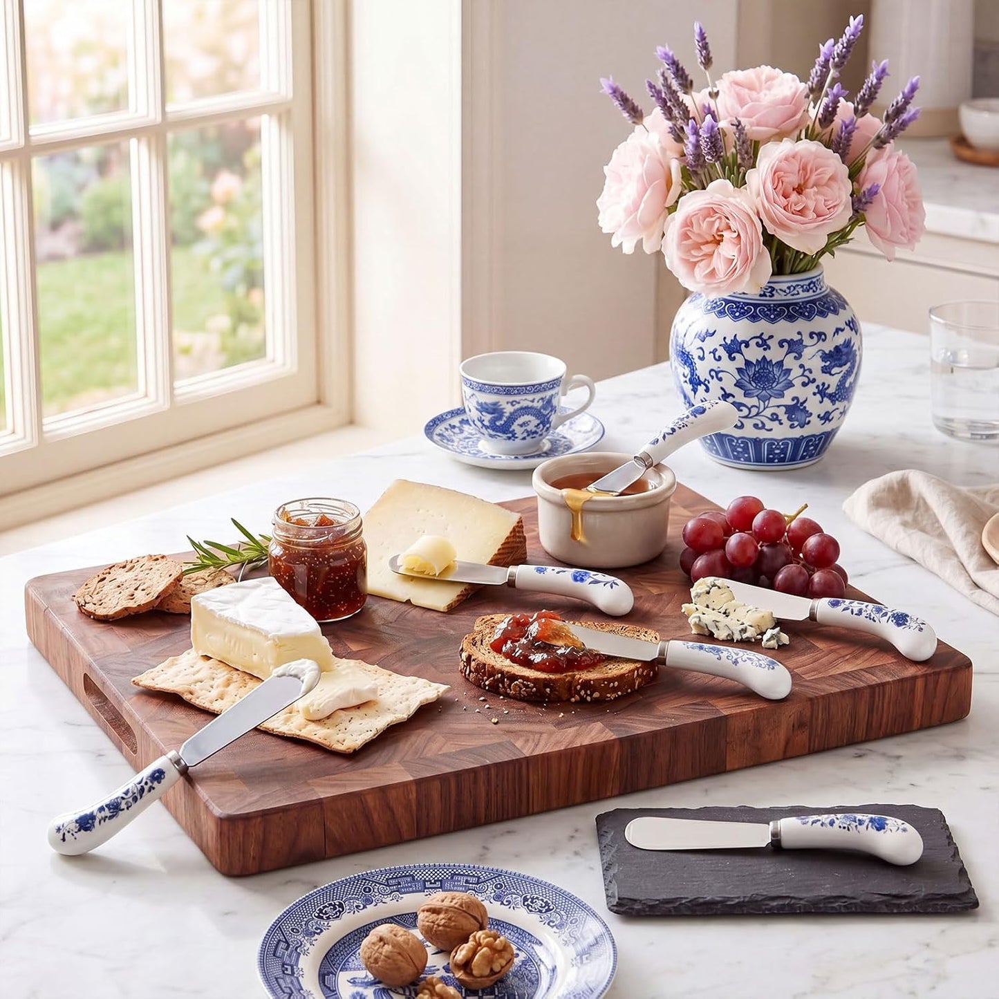 Floral Cheese Spreaders 4.95" Stainless Steel Butter Knife with Ceramic Handle for Jam, Pastry, Butter Knife - Holiday Silverware & Festive Kitchen Cutlery (Flowers)