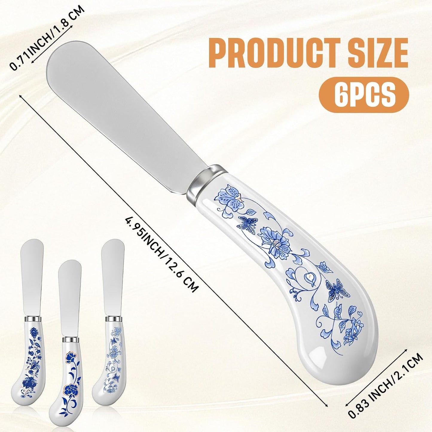 Floral Cheese Spreaders 4.95" Stainless Steel Butter Knife with Ceramic Handle for Jam, Pastry, Butter Knife - Holiday Silverware & Festive Kitchen Cutlery (Flowers)