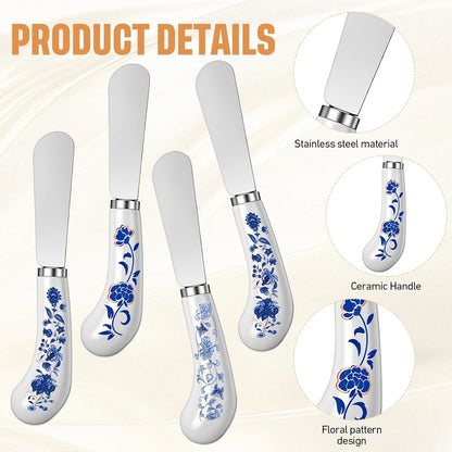 Floral Cheese Spreaders 4.95" Stainless Steel Butter Knife with Ceramic Handle for Jam, Pastry, Butter Knife - Holiday Silverware & Festive Kitchen Cutlery (Flowers)