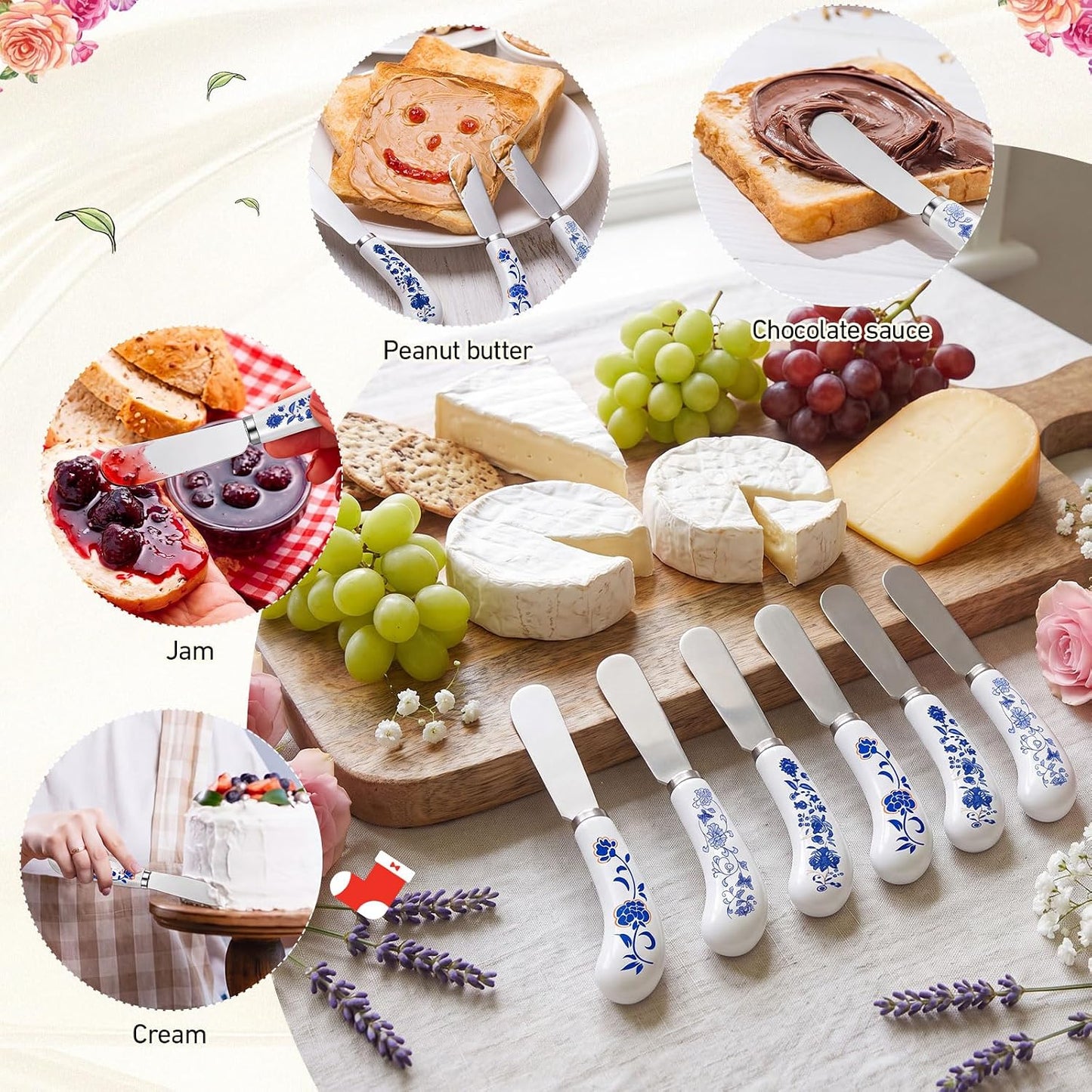 Floral Cheese Spreaders 4.95" Stainless Steel Butter Knife with Ceramic Handle for Jam, Pastry, Butter Knife - Holiday Silverware & Festive Kitchen Cutlery (Flowers)