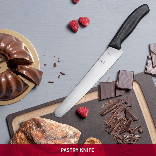 Swiss Classic 10.25 Inch Bread and Pastry Knife, Curved Serrated Blade, Stainless Steel, Black