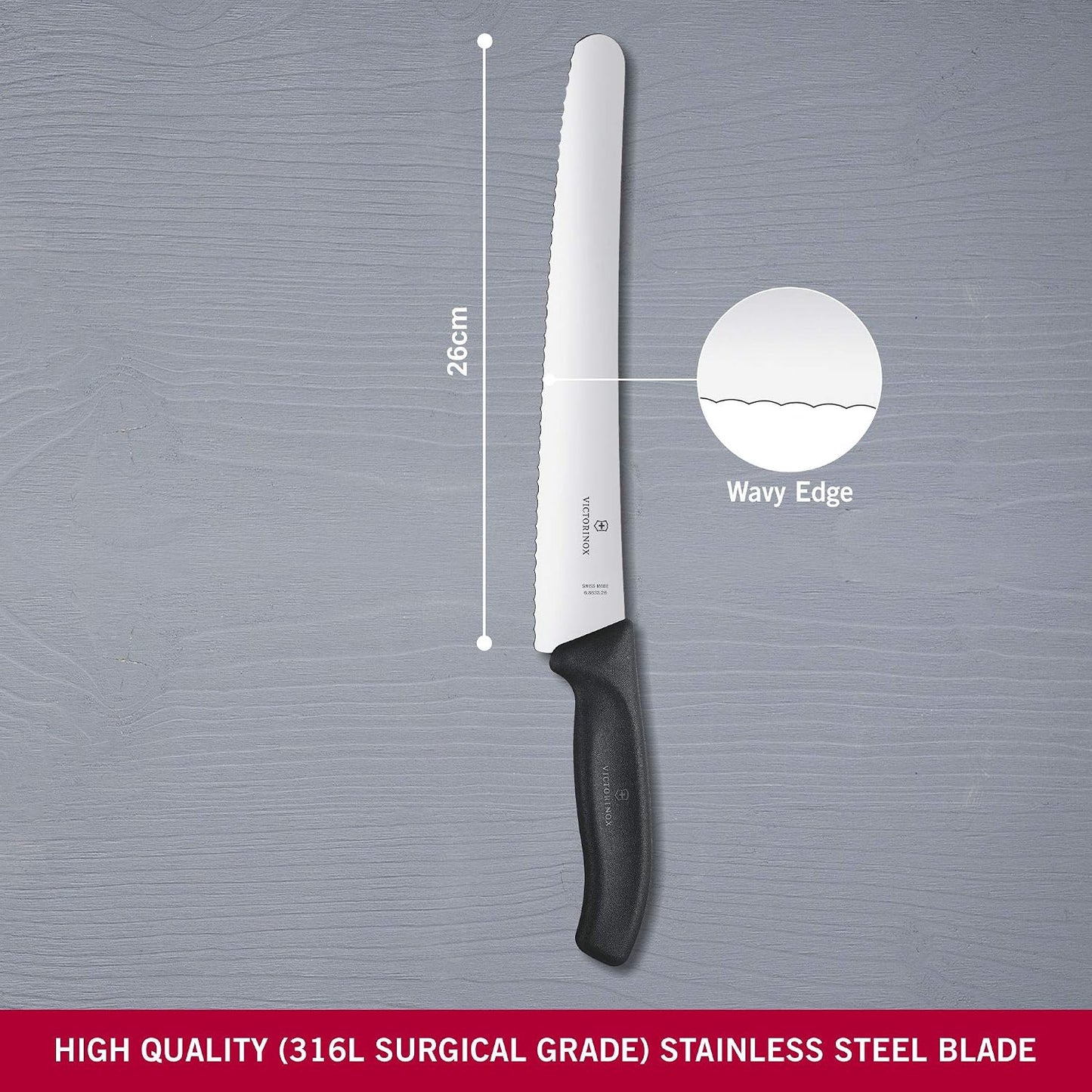 Swiss Classic 10.25 Inch Bread and Pastry Knife, Curved Serrated Blade, Stainless Steel, Black