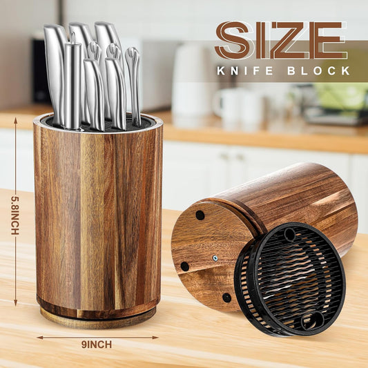 360° Rotatable Knife Block Without Knives, 5.9 x 9 Inch Round Acacia Wood Knife Organizer Large Capacity Holder for Scissors Sharpening Rod, Holds up to 10 Knives, Kitchen Organization