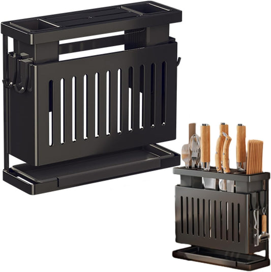 Kitchen Knives Chopstick Rack Wall Mounted Multifunctional Utensil Holder with Draining Tray,Organizer for Kitchen Knives and Chopsticks,Kitchen Utensil Storage Rack (Black), #012